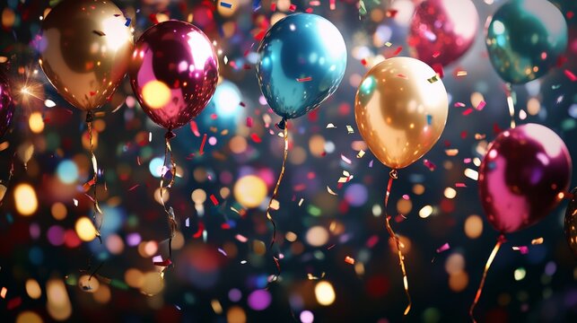 Colorful balloons and confetti sparkling under lights, creating a festive party atmosphere, evoking joy and celebration.