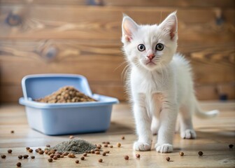 Adorable curious white kitten stands next to a messy litter box, surrounded by scattered litter and paw prints,