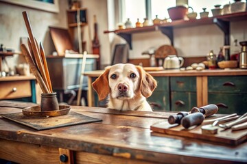 Adorable curious dog peering over the edge of a wooden table, surrounded by etching tools and copper plates,