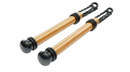 view of a pair of nunchucks with a wooden finish and chain link transparant background