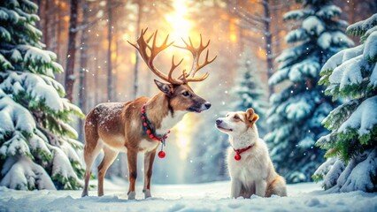 Adorable reindeer and playful dog become fast friends, sharing a joyful winter moment together in a snowy forest