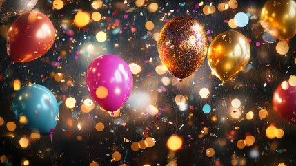Colorful balloons floating in air with confetti and lights, perfect for celebrations and festive events.