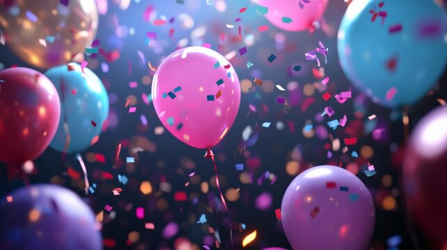 Colorful balloons floating among vibrant confetti, creating a festive and joyous celebration atmosphere against a dark background.