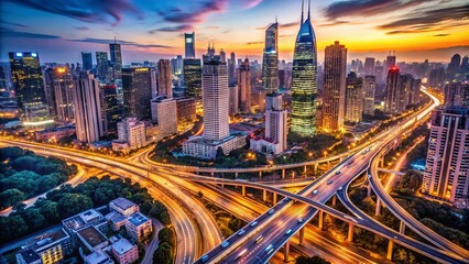 Aerial view of a bustling metropolis showcasing a labyrinthine network of highways, towering skyscrapers, and vibrant