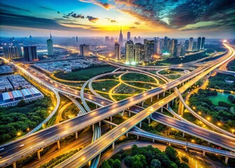 Fototapeta premium Aerial view of a sprawling city with complex network of roads, highways, and railways, overlaid with a detailed