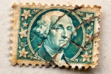 Obraz premium A faded, worn, and worn-out postage stamp with a noticeable expiration date, featuring a canceled mark, creased edges,