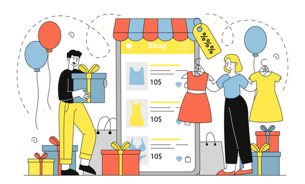 People with online store. Man with gift box and woman with dresses near smartphone. Consumer and customer buy apparel on internet. Discount and sale, promotion. Linear vector illustration