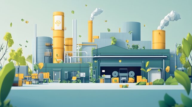 Zero-waste Manufacturing: An ultramodern factory surrounded by greenery, seamlessly recycling its waste. Machines are working in harmony, turning discarded materials into new products. The entire proc