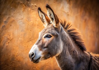 A gentle donkey's serene profile, showcasing its soft fur, long ears, and soulful eyes, set against a warm,