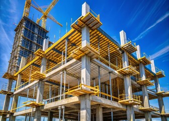 AIncomplete framework of a modern high-rise building under construction, with exposed steel beams, concrete pillars,