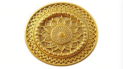A intricate golden circular seal with ornate patterns and subtle texture, isolated on a white background, radiating