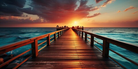 Obraz premium A wooden pier extends towards a fiery sunset over a tranquil sea, creating a path towards the horizon