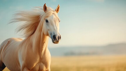 Obraz premium Elegant white horse galloping across a sunlit meadow.