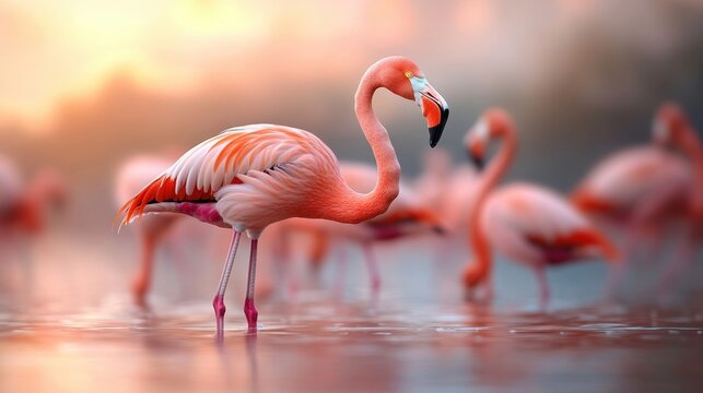 Elegant pink flamingo standing gracefully in shallow water.