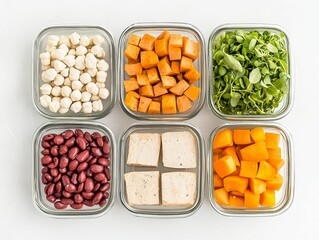 A clean and simple meal prep layout with high-protein foods, designed to fuel strength and energy