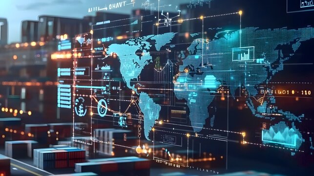 Blockchain for Sustainable Supply Chains: A transparent digital interface displaying a blockchain system tracking the entire lifecycle of products from manufacturing to consumer. Real-time data points