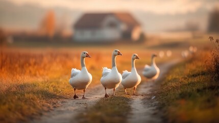 Geese walking along a country path with a farmhouse in the background at sunset.