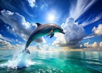 Fototapeta premium A magnificent blue dolphin leaps out of the turquoise ocean, its sleek body glistening with sunlight, against a