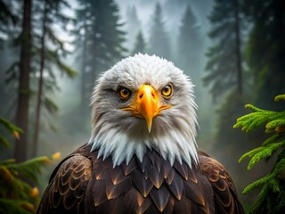 Obraz premium A majestic bald eagle's piercing gaze captures attention, its sharp, golden eyes gleaming with intensity, set amidst a