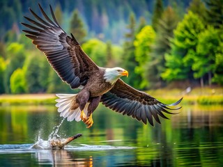 Obraz premium A majestic bald eagle swoops down to grasp a struggling fish in its talons, wings spread wide, over