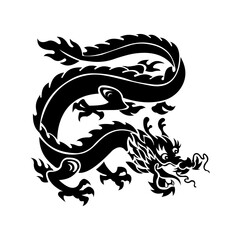 Chinese Dragon Silhouette, Chinese Zodiac, Horoscope Symbol on White Background. Isolated Black Silhouette