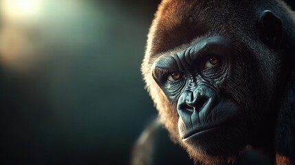 Obraz premium Gorilla portrait, captivating gaze, soft focus background, dramatic lighting.