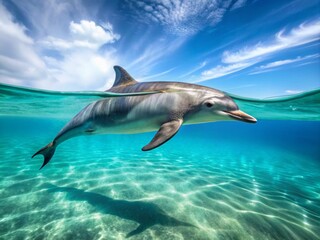 Fototapeta premium A majestic dolphin swims in the open ocean, its sleek gray body gliding effortlessly through the calm turquoise
