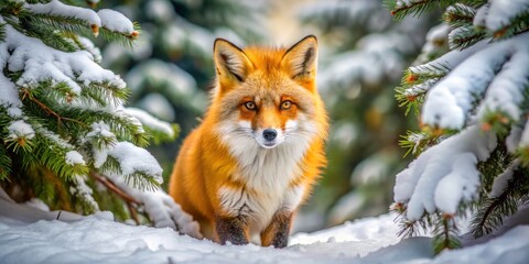 A majestic red fox with piercing yellow eyes and fluffy orange fur steps cautiously through a serene winter