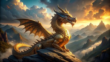 A majestic mythical dragon with scales shimmering like gold and bronze, sprawled across a misty mountain peak, gazing