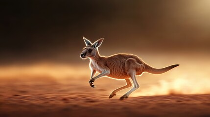Fototapeta premium Kangaroo hopping across a sandy landscape, dynamic movement, beautiful lighting.