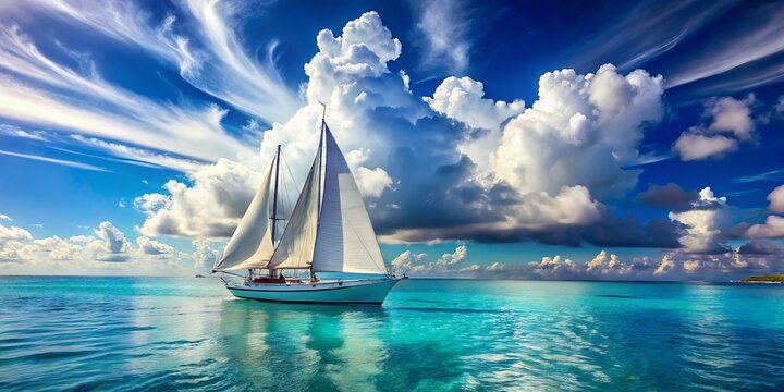 A majestic sailboat glides effortlessly across turquoise waters, its billowing white sails harnessing the power of a