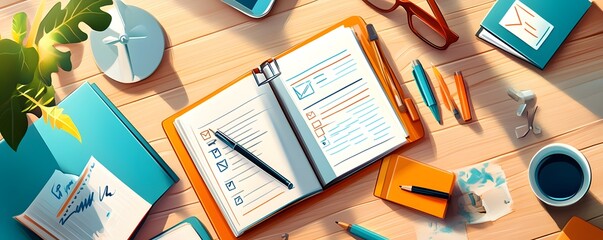 Flat Lay of a Desk with a Notebook, Pens, and Coffee.