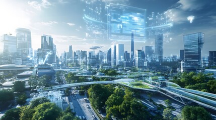 AI-driven Sustainability Solutions: A vibrant urban setting enhanced by AI-driven sustainability, with intelligent systems optimizing water, energy, and waste management. Above the city, holographic s