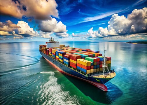 A massive cargo vessel navigates through open waters, its brightly colored containers stacked high on deck, under a