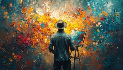 Whimsical Artist Immersed in Creative Flow in Colorful Studio