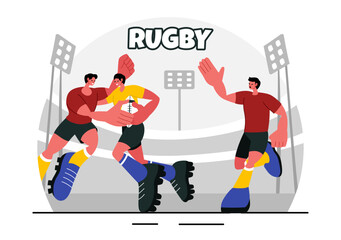 Fototapeta premium Rugby Player Running and Catching the Ball Vector Illustration in a Championship Sport or Tournament in a Stadium with a Flat Style Cartoon Background