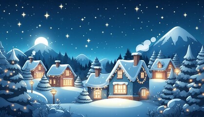 Fototapeta premium A cute cartoon serene winter night in a mountain village, with snow-covered houses and soft lights illuminating the snow. The sky is a deep blue, with a few stars twinkling in the distance.
