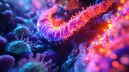 Obraz premium colorful, detailed representation of the microbiome inside the intestines, with glowing bacteria that symbolize a healthy gut environment