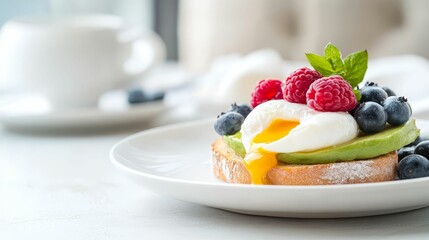 A serene breakfast setting with avocado toast, poached eggs, and fresh berries, epitomizing a nutritious start to a day of healthy living