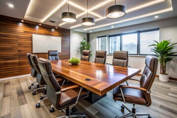A modern, sleek conference room with a large wooden table, leather chairs, and a whiteboard, conveying a professional