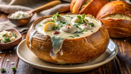 Bread Bowl Filled with Creamy Soup. A warm and hearty bread bowl filled with creamy soup, perfect for comfort food lovers seeking rich flavors and a unique dining experience.