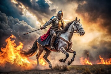 Ancient armor-clad knight on horseback gallops triumphantly through a smoky, fiery landscape, symbolizing victory and