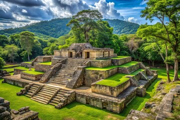 Ancient Mayan ruins of Cop&aacute;n, Honduras, surrounded by lush jungle foliage, with intricate stone carvings and mysterious