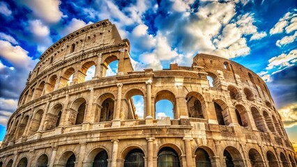 Fototapeta premium Ancient Roman amphitheater's majestic arches and weathered stone façade stand proud under a bright blue sky with wispy