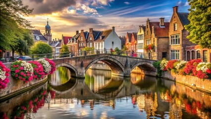 Naklejka premium Ancient stone bridges span tranquil rivers, lined with ornate buildings, picturesque canals, and vibrant flower