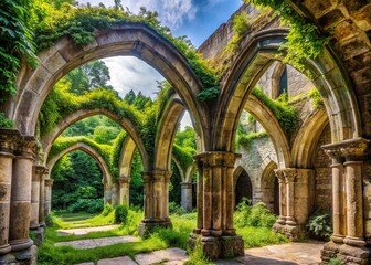 Ancient worn stone arches adorn a mystical monastery's facade, surrounded by lush greenery, evoking a sense of serenity