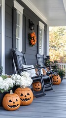 Obraz premium Halloween pumpkins jack o' lanterns, flowers and chairs on front porch, exterior home decor, seasonal decorations, gray and white
