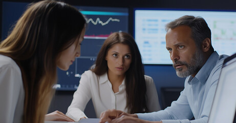 Business team collaborating on data analysis in a modern office setting