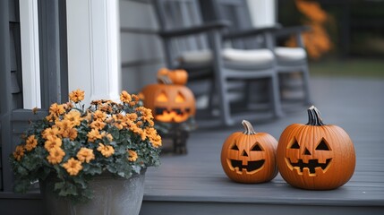 Obraz premium Halloween pumpkins jack o' lanterns, flowers and chairs on front porch, exterior home decor, seasonal decorations, gray and white
