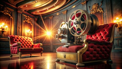 A nostalgic vintage film reel unspools on a retro projector, casting a warm glow on a classic movie